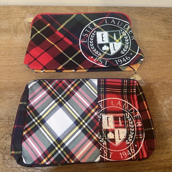 Estée Lauder Handbags - Estée Lauder Plaid Tartan Cosmetic Makeup Bag Lot of 2 Travel Zip Pouch NEW
